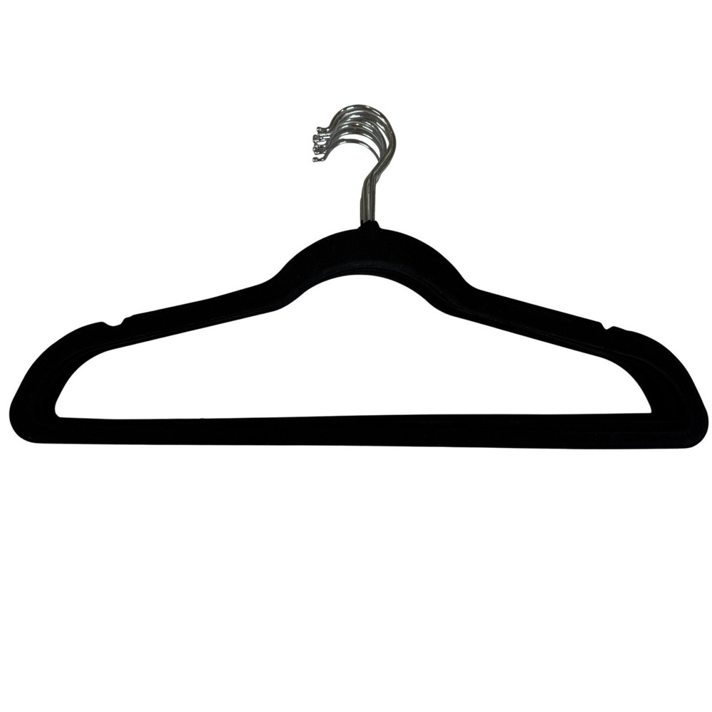 Set of 10 Black Velvet Non-Slip Clothes Hangers Chrome Swivel Hook Space Saving